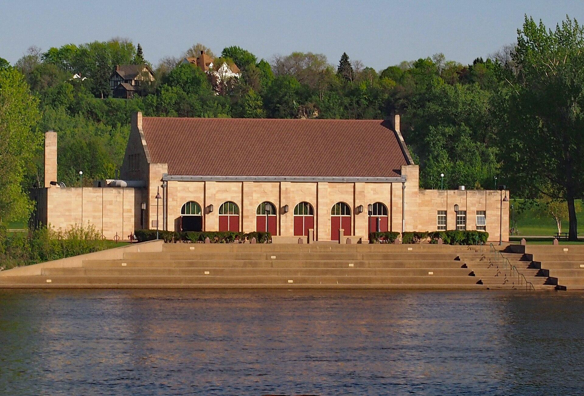 Clarence W. Wigington Pavilion on Harriet Island in Saint Paul viewed across the Mississippi River