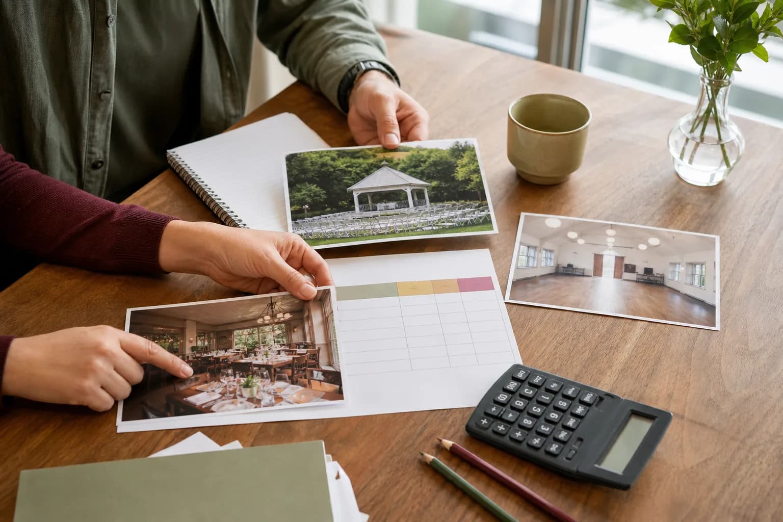 A couple compares photographs of three modest wedding venue options beside a calculator and planning sheet.