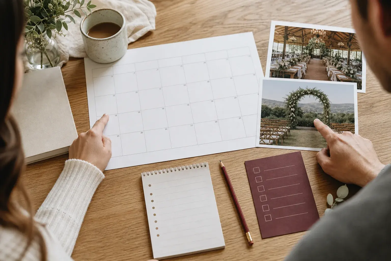 Two people work backward from a calendar while comparing wedding venue photographs and a booking checklist.