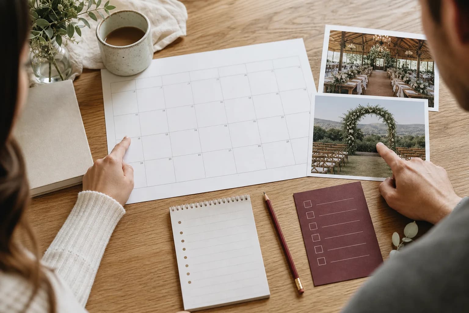 Two people work backward from a calendar while comparing wedding venue photographs and a booking checklist.