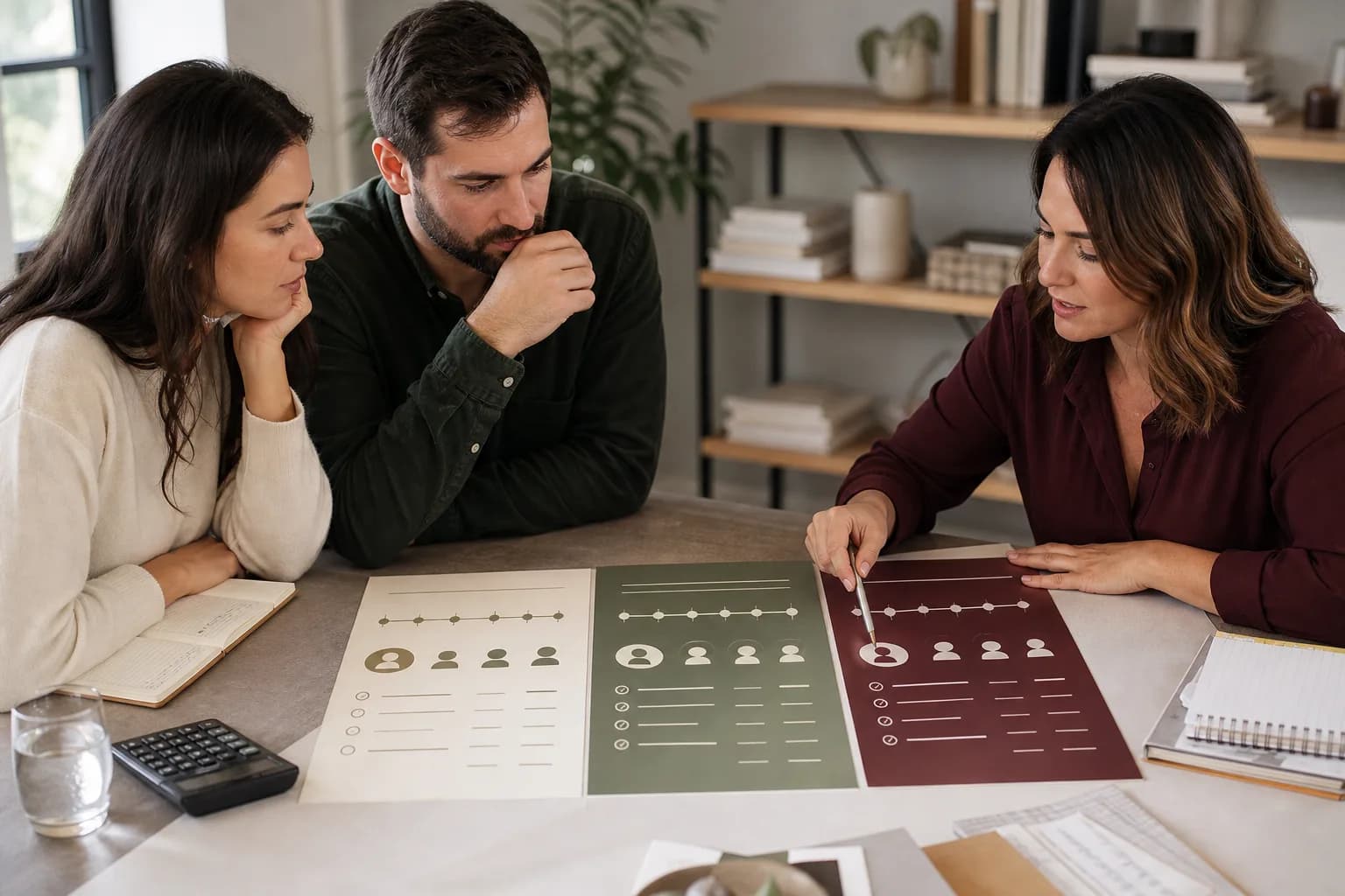 A wedding planner and two clients compare three service packages, staffing levels, and planning timelines.
