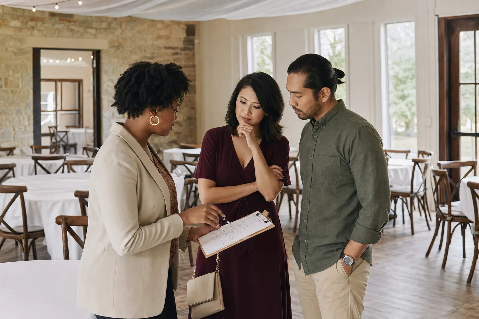 A couple reviews a floor plan and practical venue questions with a coordinator during a site tour.