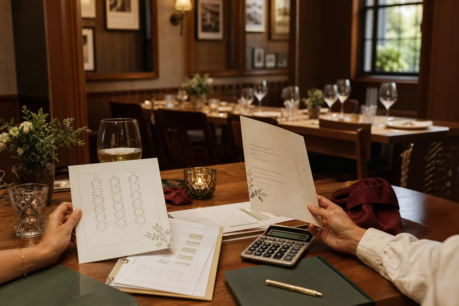 An intimate restaurant room is evaluated with a guest layout, menu scope, and calculator in the foreground.