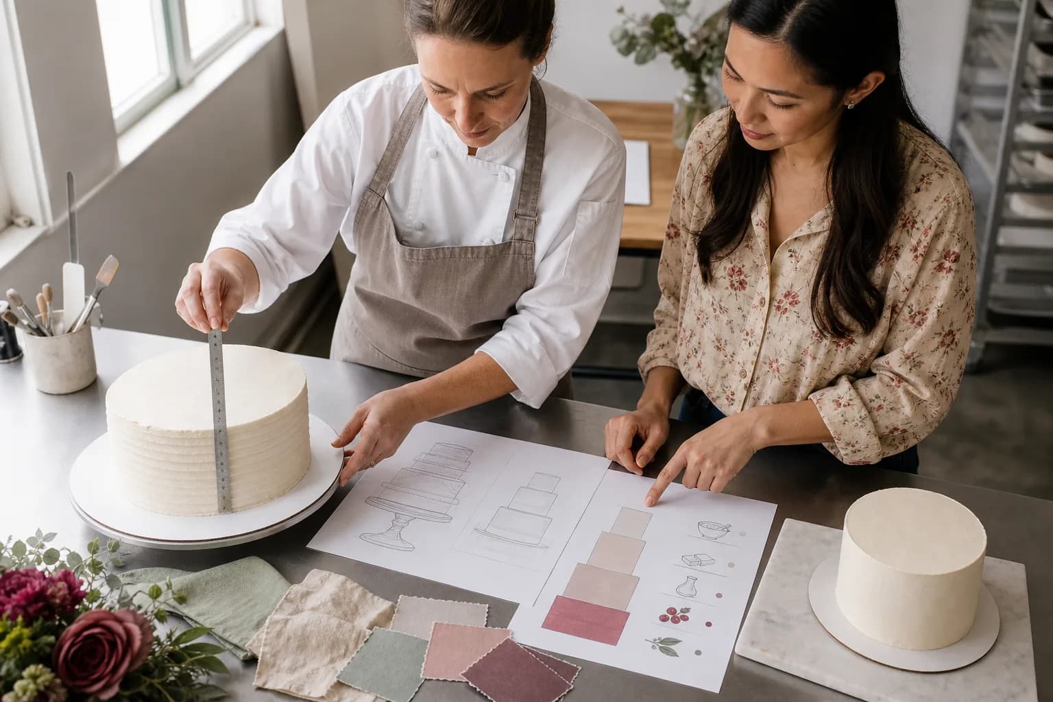 A baker measures a sample cake tier while reviewing serving sizes and design options with a client.