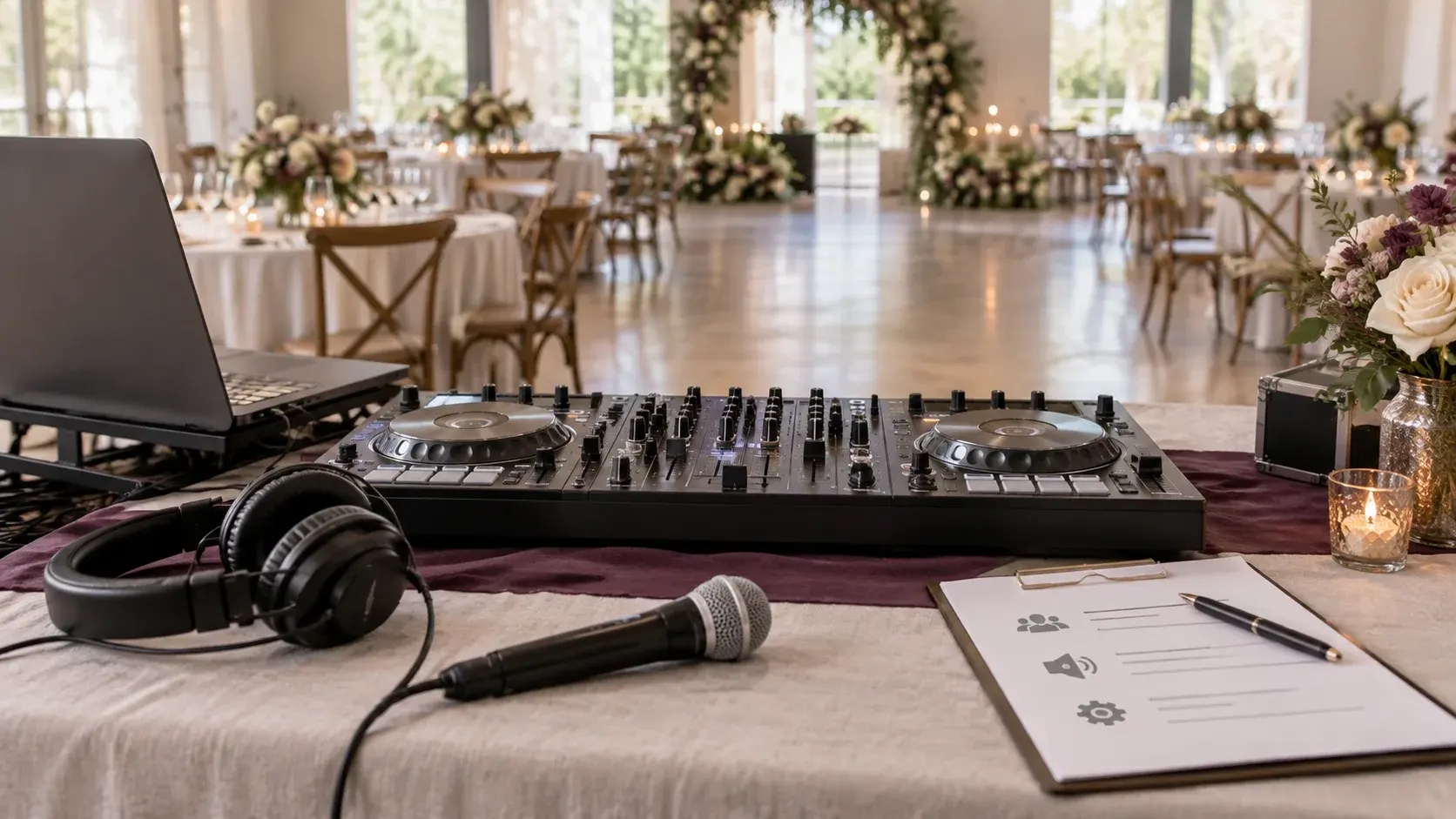 A DJ controller, headphones, microphone, and planning sheet sit in front of a wedding reception room.