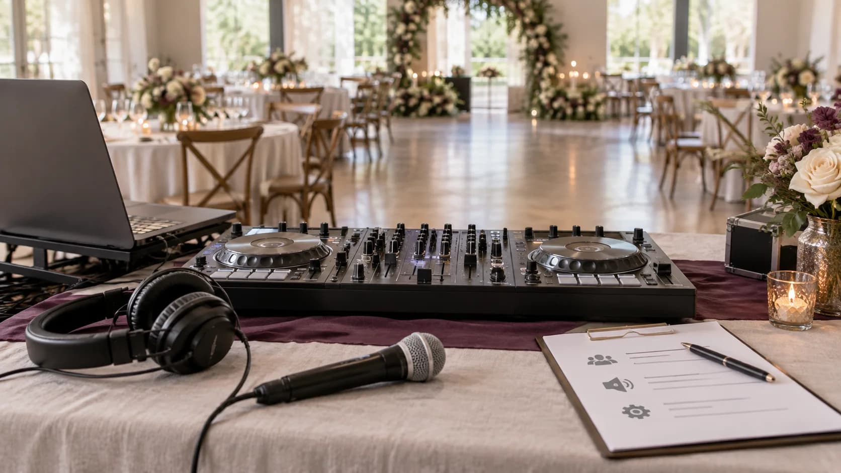 A DJ controller, headphones, microphone, and planning sheet sit in front of a wedding reception room.