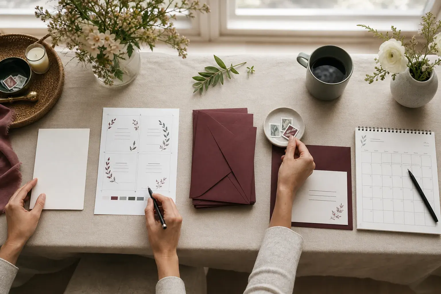 Wedding stationery moves from proofing to envelopes, postage review, and a mailing calendar on a planning table.