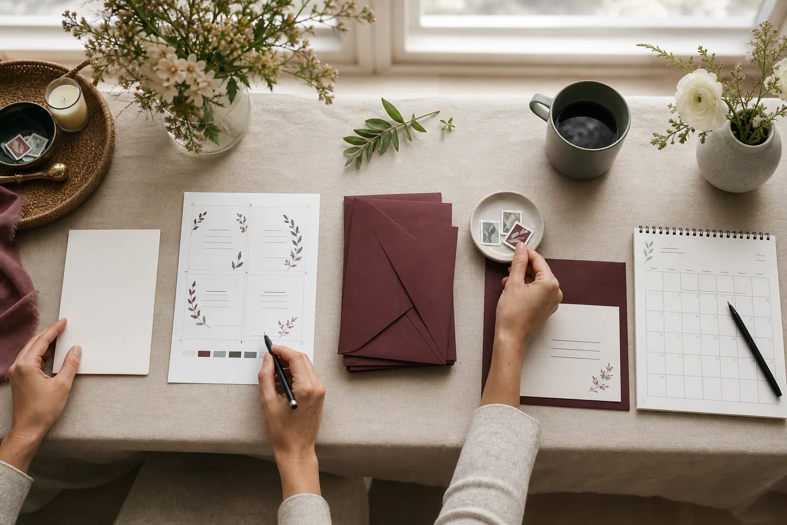Wedding stationery moves from proofing to envelopes, postage review, and a mailing calendar on a planning table.