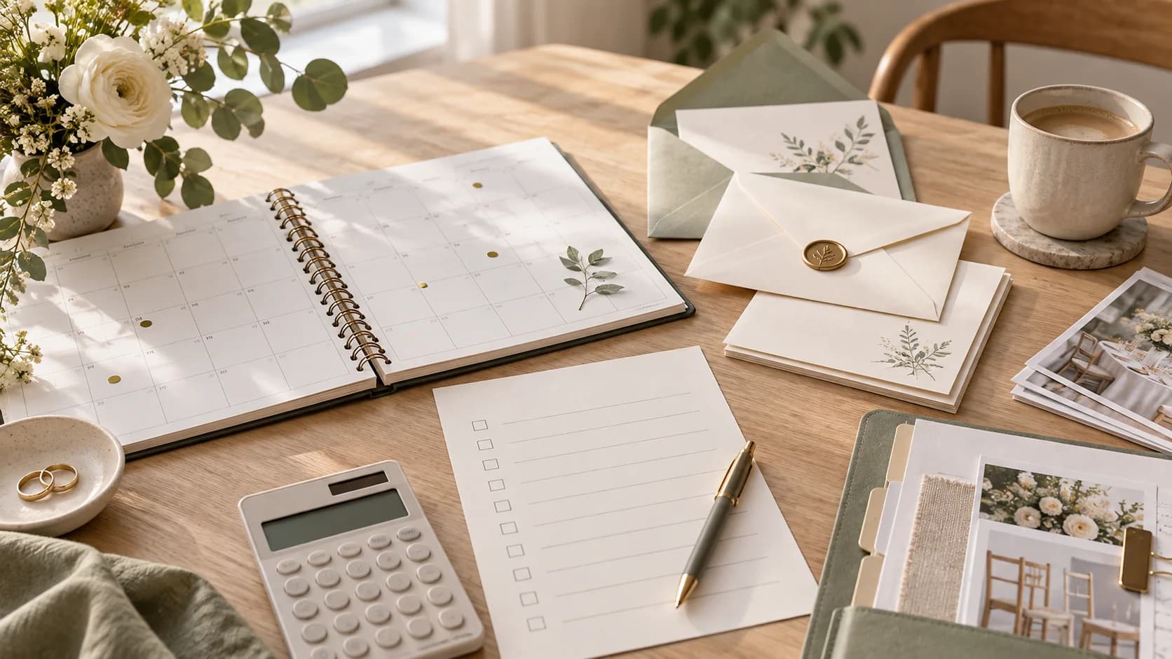 A wedding planning desk holds a calendar, checklist, invitation envelopes, vendor papers, and a calculator.