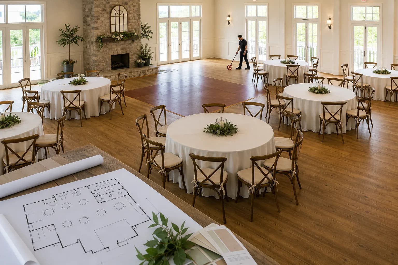 A venue team member measures a reception room arranged with tables, open aisles, and a dance floor.