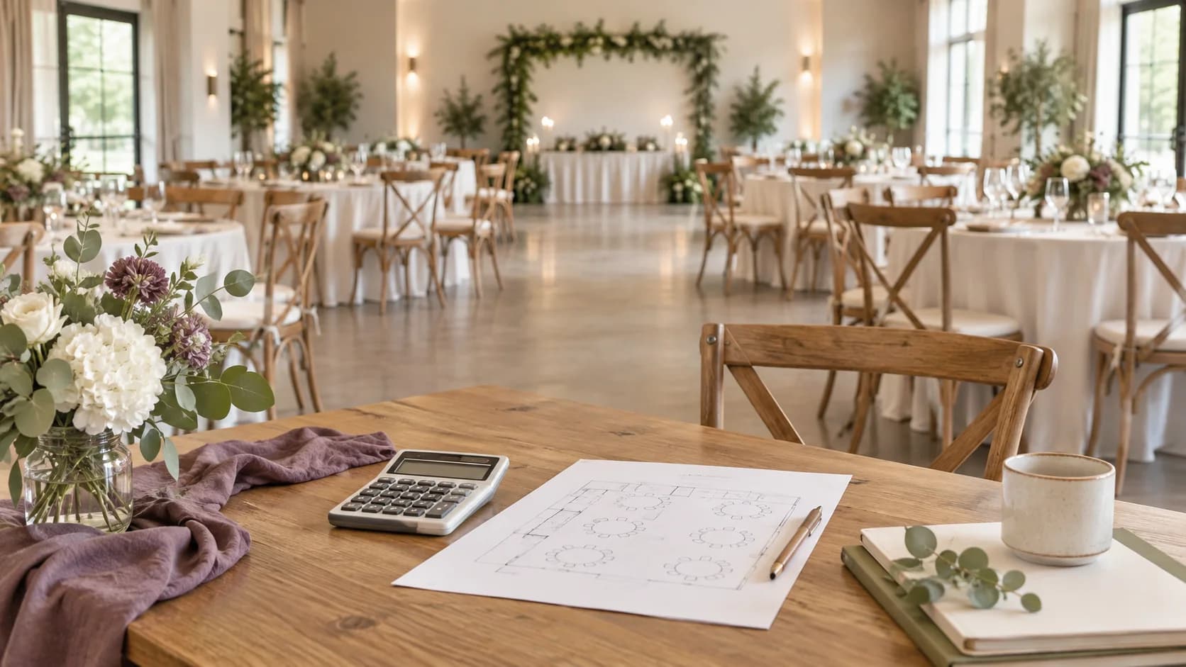 A calculator and room plan sit on a table overlooking a wedding reception room with clear aisles.