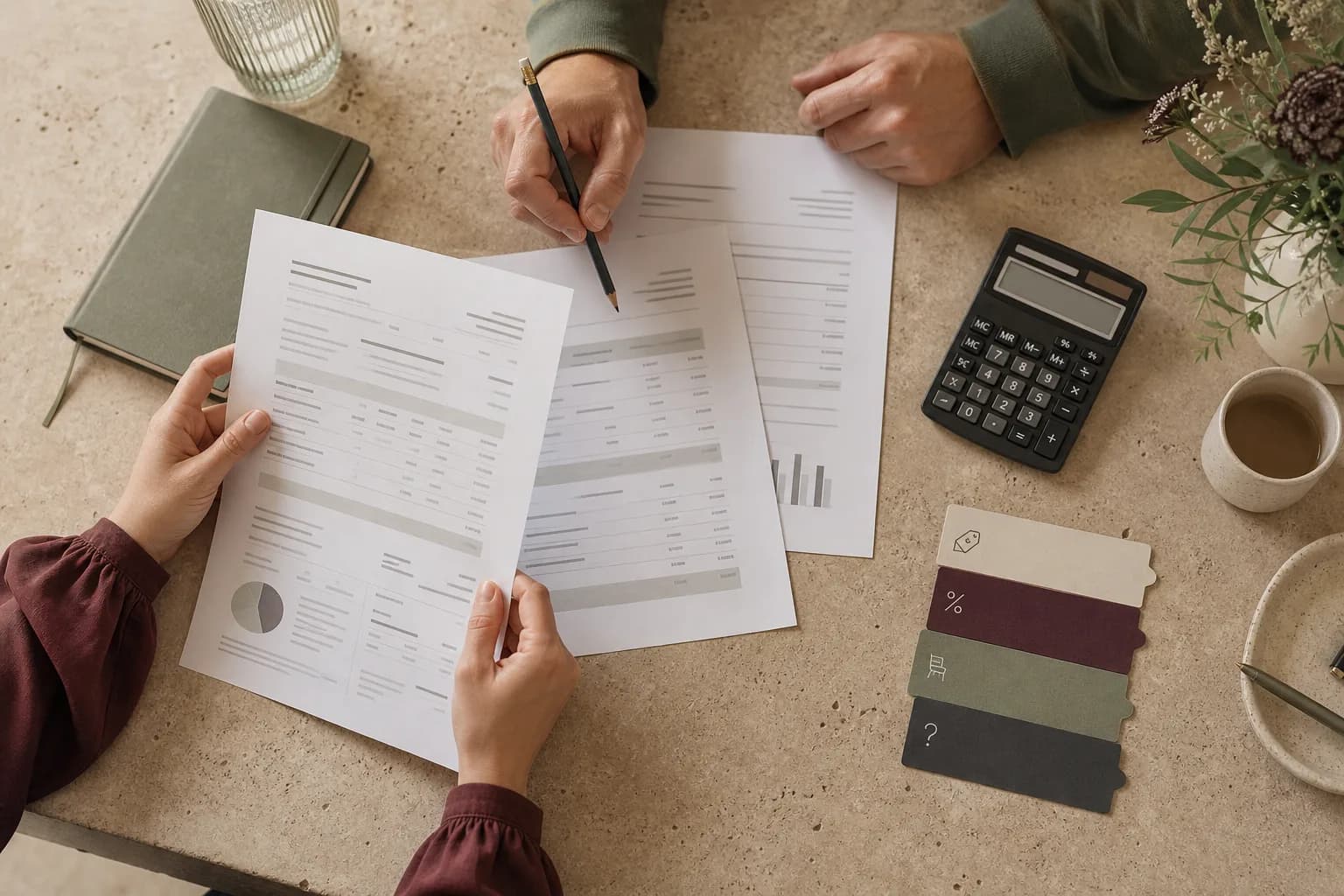 Two people compare venue pricing documents, fee categories, and unresolved costs with a calculator.