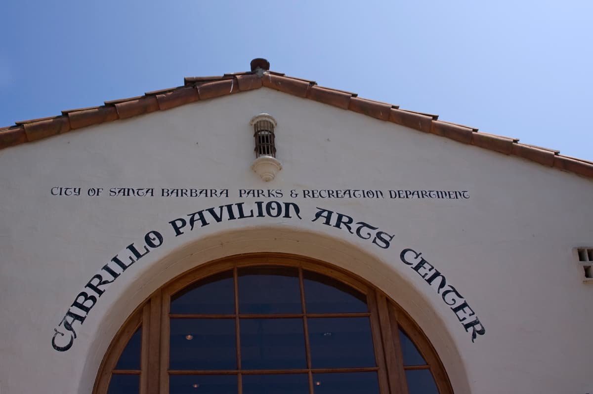 Entrance facade of Cabrillo Pavilion in Santa Barbara with historic lettering
