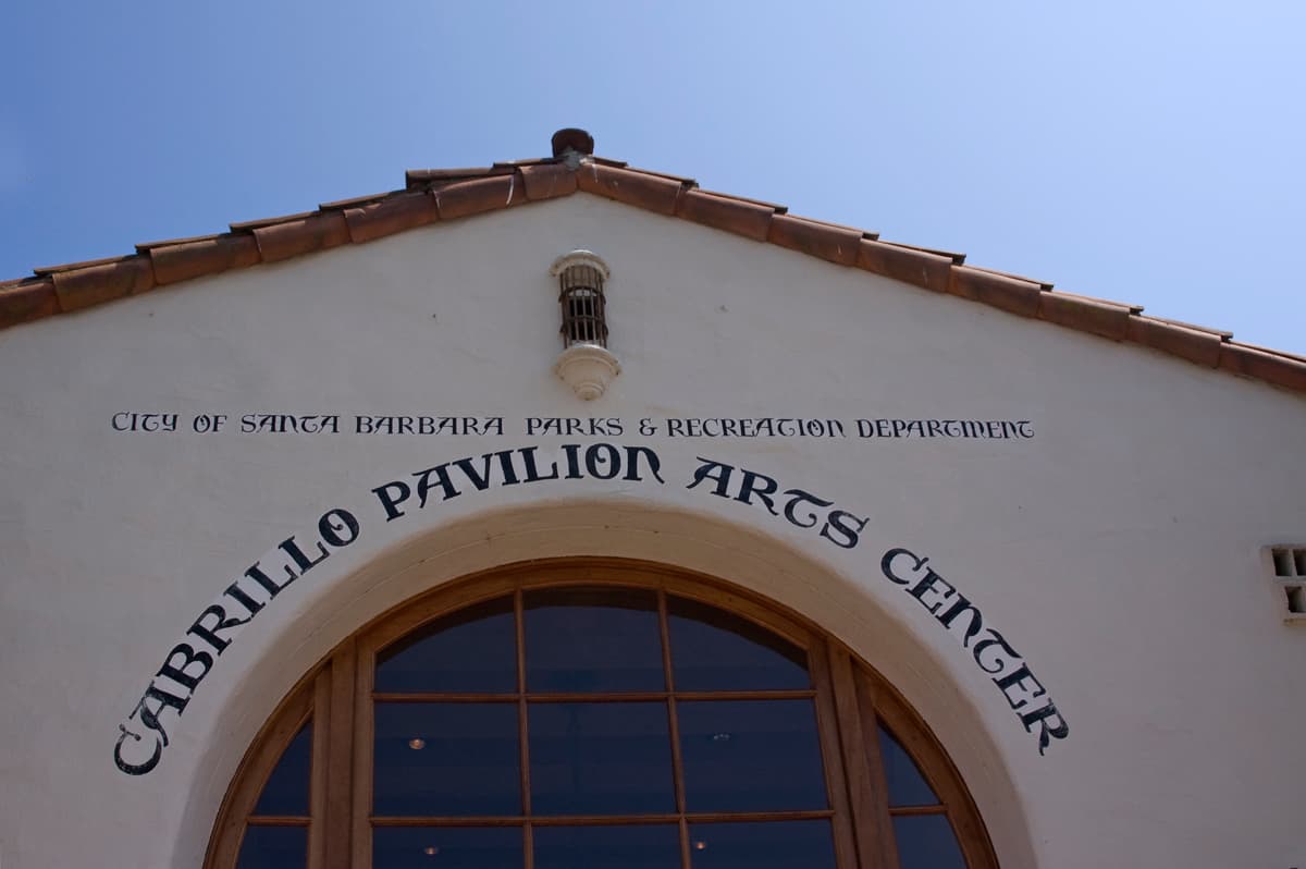 Entrance facade of Cabrillo Pavilion in Santa Barbara with historic lettering
