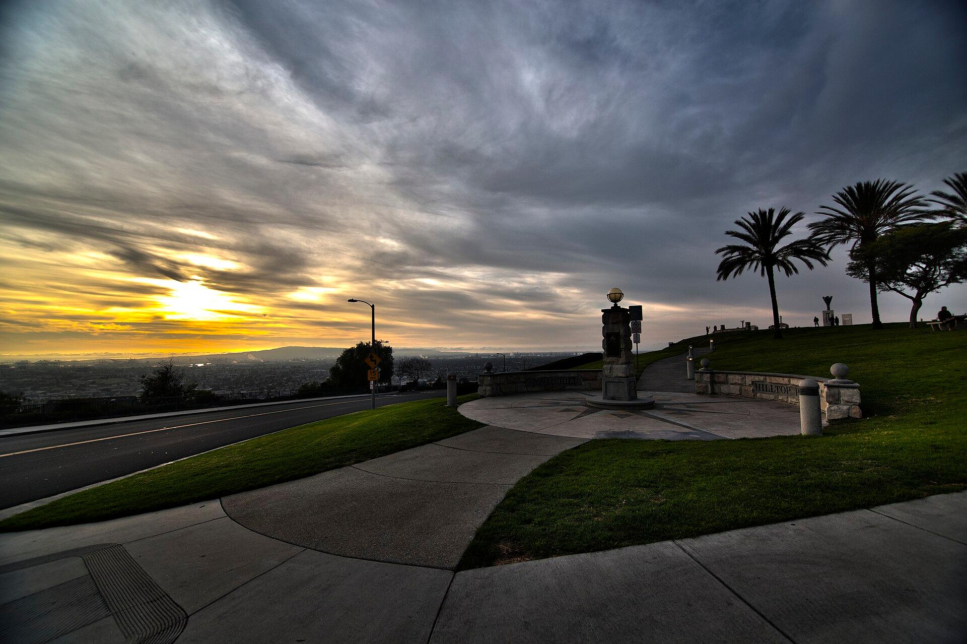Sunset view over Hilltop Park and the Signal Hill monument
