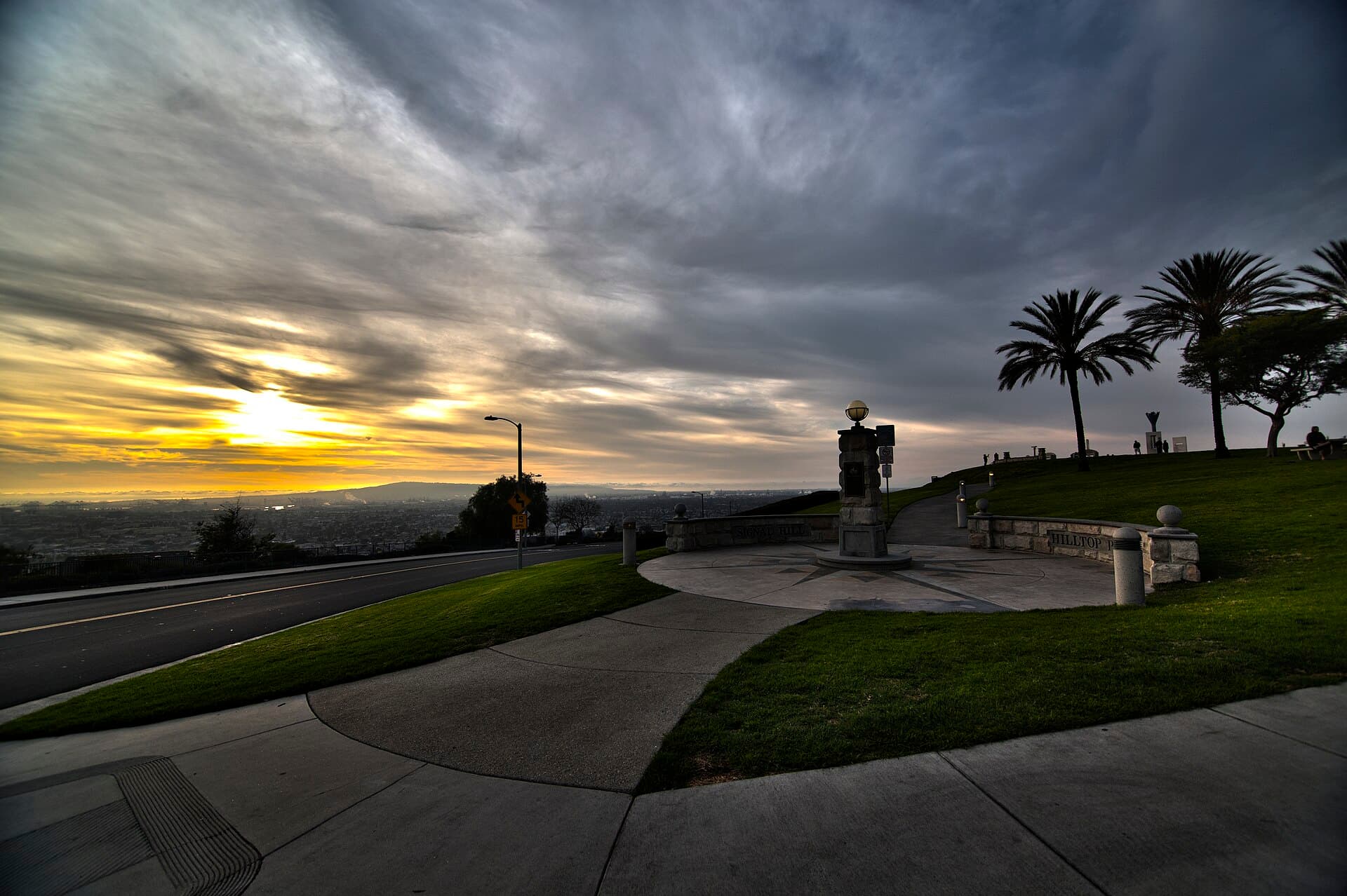 Sunset view over Hilltop Park and the Signal Hill monument