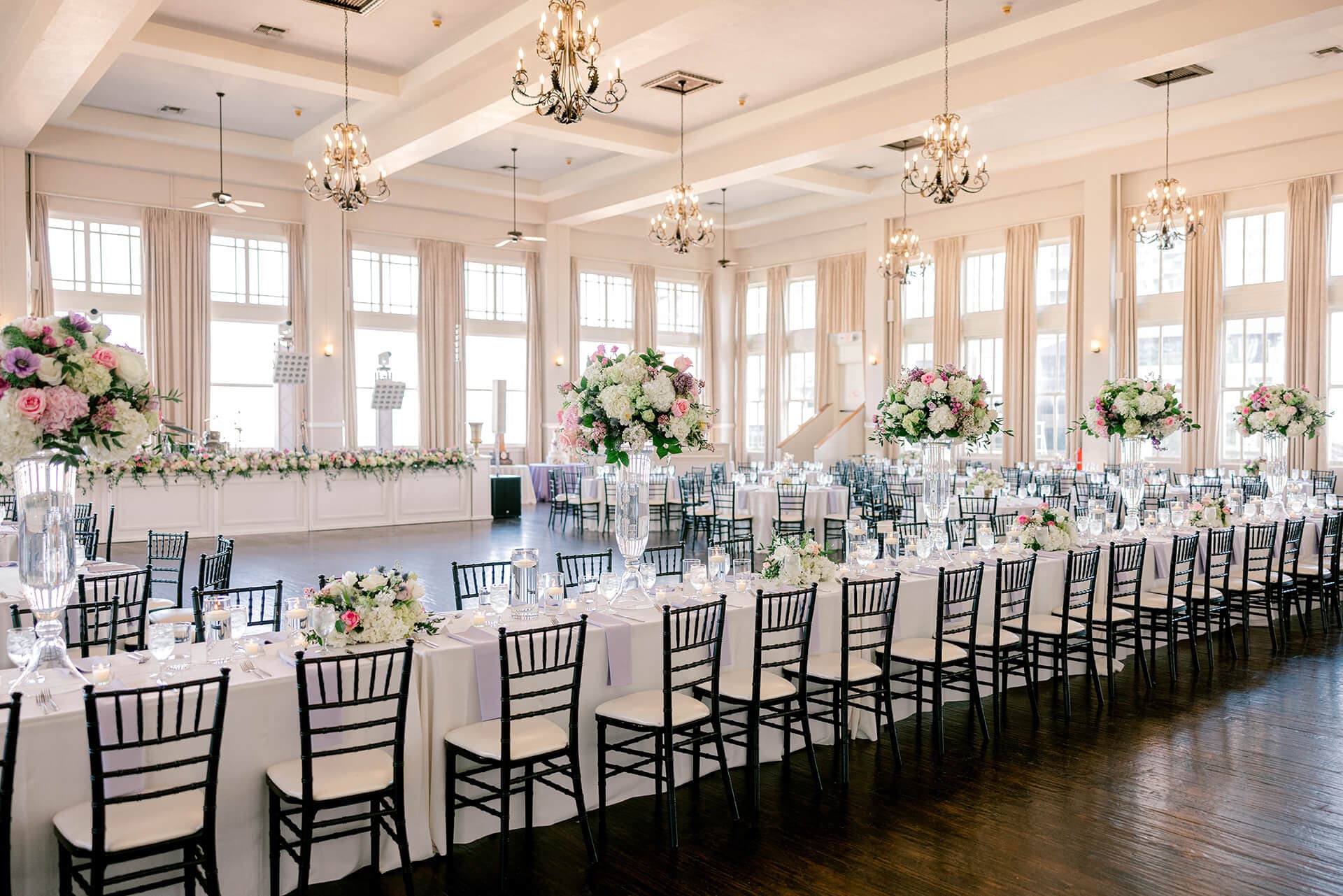 Wedding reception tables in the ballroom at The Room on Main