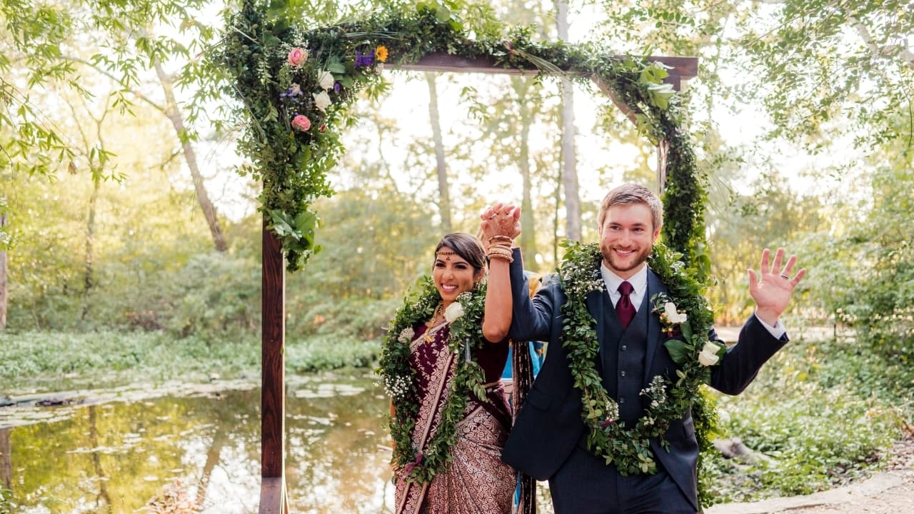 A wedding ceremony beside the pond at Houston Arboretum