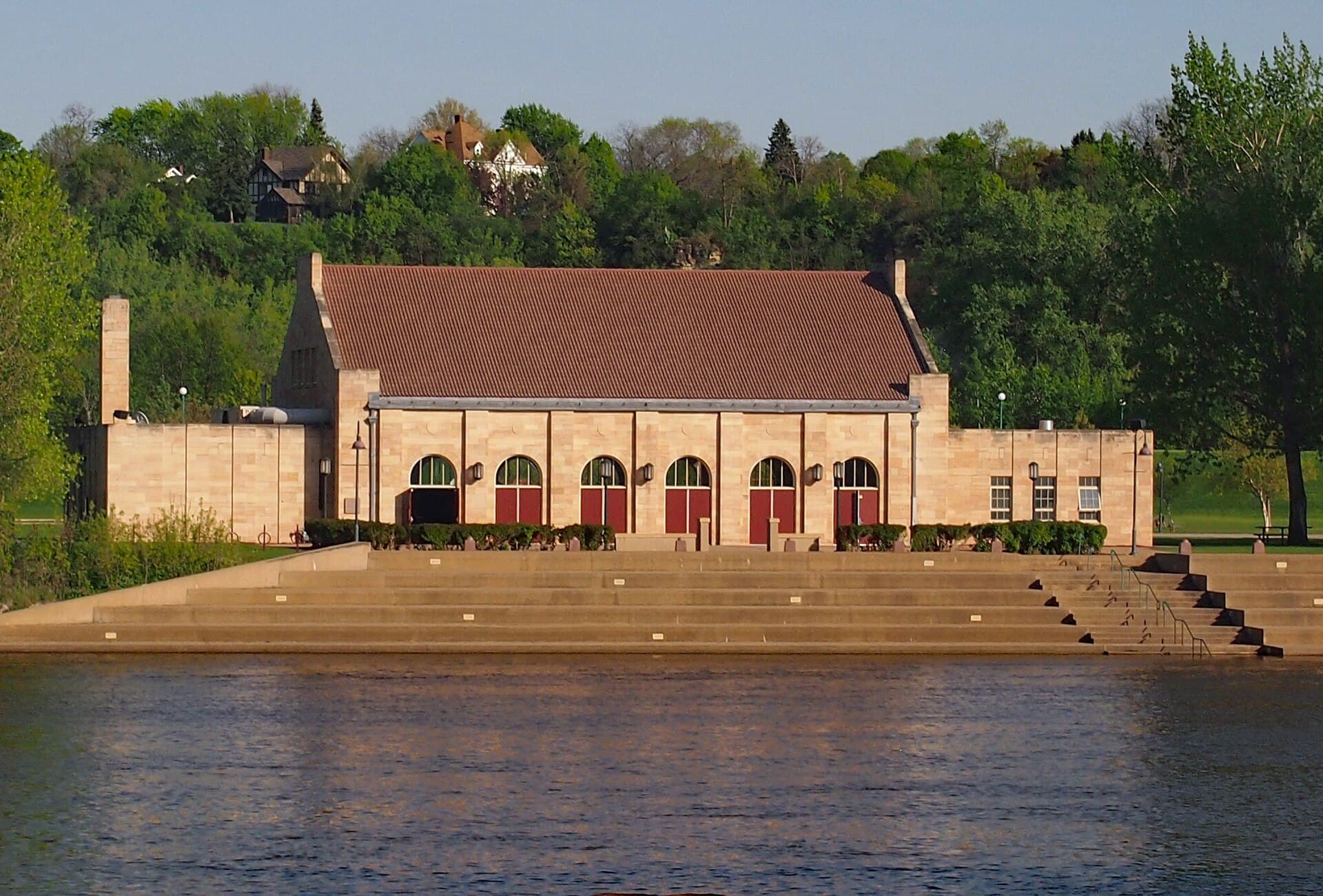 Clarence W. Wigington Pavilion on Harriet Island in Saint Paul viewed across the Mississippi River